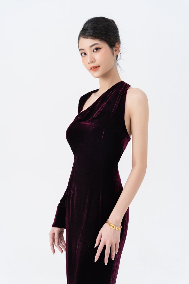 Ready to ship Mulberry Silk Velvet Long Open Dress , Pure Silk Velvet Backless Dress, Velvet One Shoulder Dress, Asymmetrical One Sleeve image 5