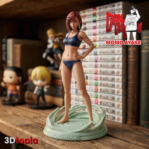 May include: A Momo Ayase figure in a blue bikini stands on a light green base with a swirling design. The figure has short red hair and is posed with one hand on her hip. The background includes books and other figurines.