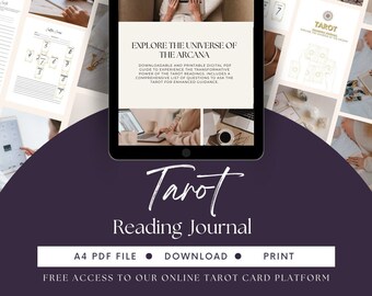 May include: A digital download for a tarot reading journal. The cover features a tablet with a woman using a laptop. The text on the tablet reads "Explore the Universe of the Arcana". The text below the tablet reads "Tarot Reading Journal".