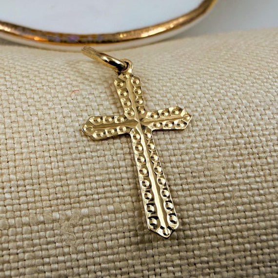 Tiny Solid 9ct Gold Cross • 1980s Studded Pendant… - image 1