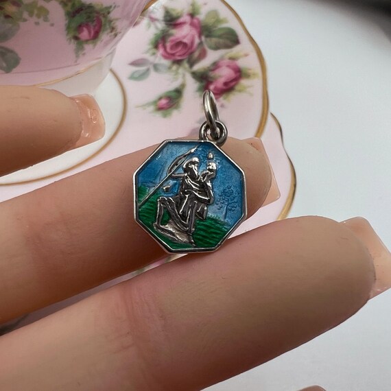 Tiny Vintage Enamel St Christopher Medal • Solid … - image 13