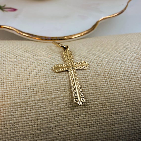 Tiny Solid 9ct Gold Cross • 1980s Studded Pendant… - image 9