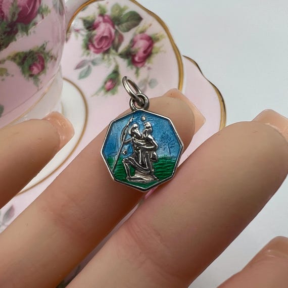 Tiny Vintage Enamel St Christopher Medal • Solid … - image 4