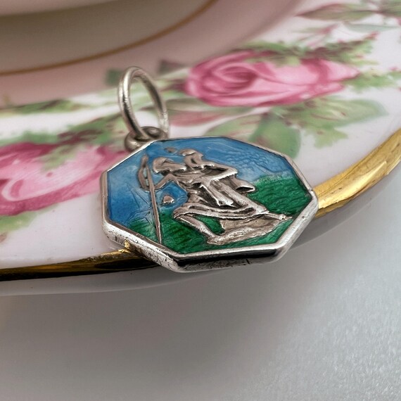 Tiny Vintage Enamel St Christopher Medal • Solid … - image 7