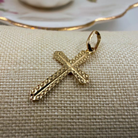 Tiny Solid 9ct Gold Cross • 1980s Studded Pendant… - image 4