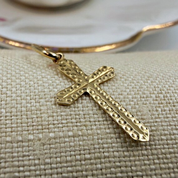 Tiny Solid 9ct Gold Cross • 1980s Studded Pendant… - image 2