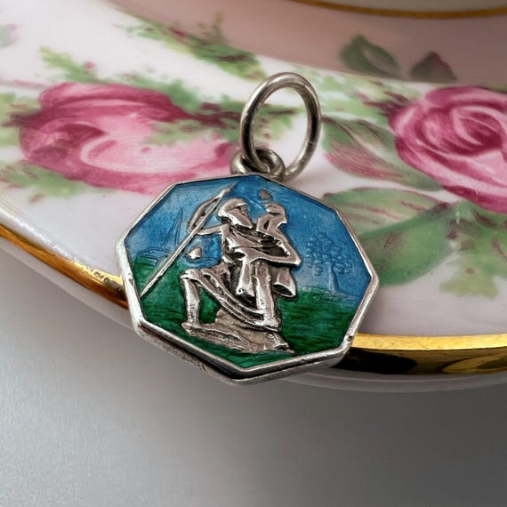 Tiny Vintage Enamel St Christopher Medal • Solid … - image 8