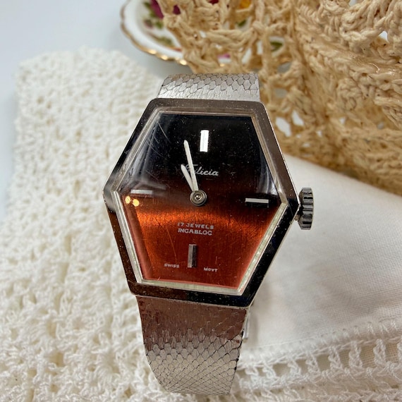 Hexagonal Swiss Mechanical Watch • Copper Ombré Dial • Early 1970s • Felicia