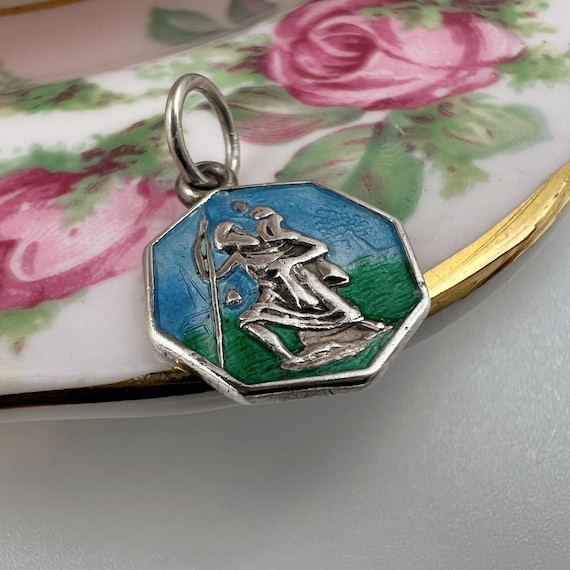 Tiny Vintage Enamel St Christopher Medal • Solid … - image 2