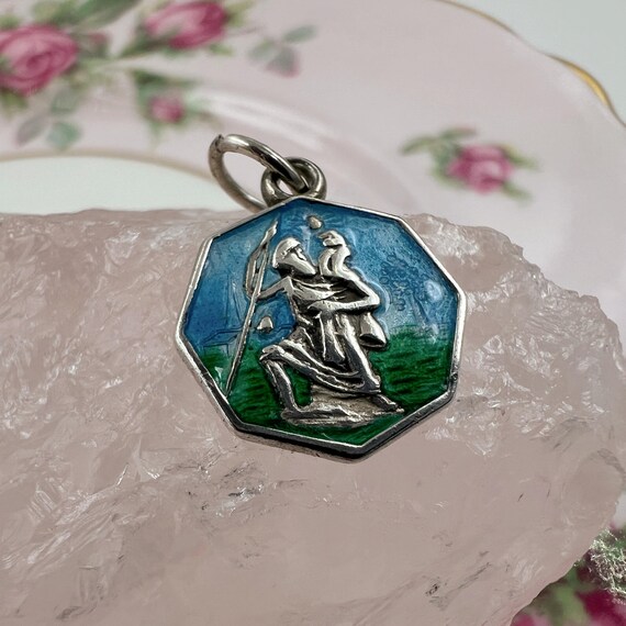 Tiny Vintage Enamel St Christopher Medal • Solid … - image 17