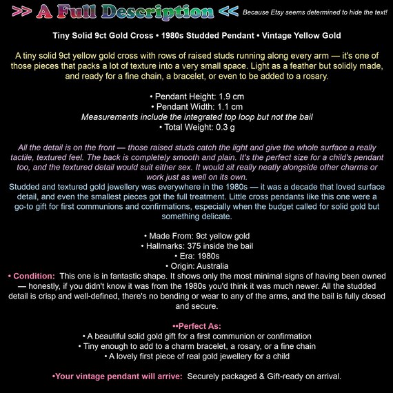 Tiny Solid 9ct Gold Cross • 1980s Studded Pendant… - image 3