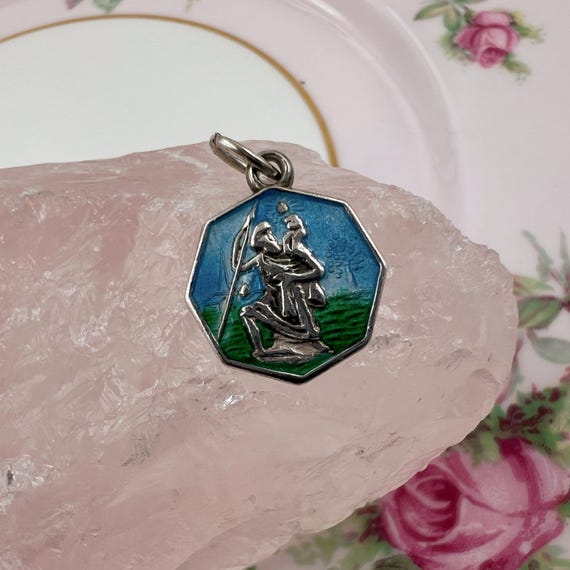 Tiny Vintage Enamel St Christopher Medal • Solid … - image 15