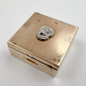Gorgeous Vintage KIGU Pillbox Brass Hinged With Marcasite Rose Tiny Trunk or Suitcase Shape 31mm Made in England 18.06g Pill Box