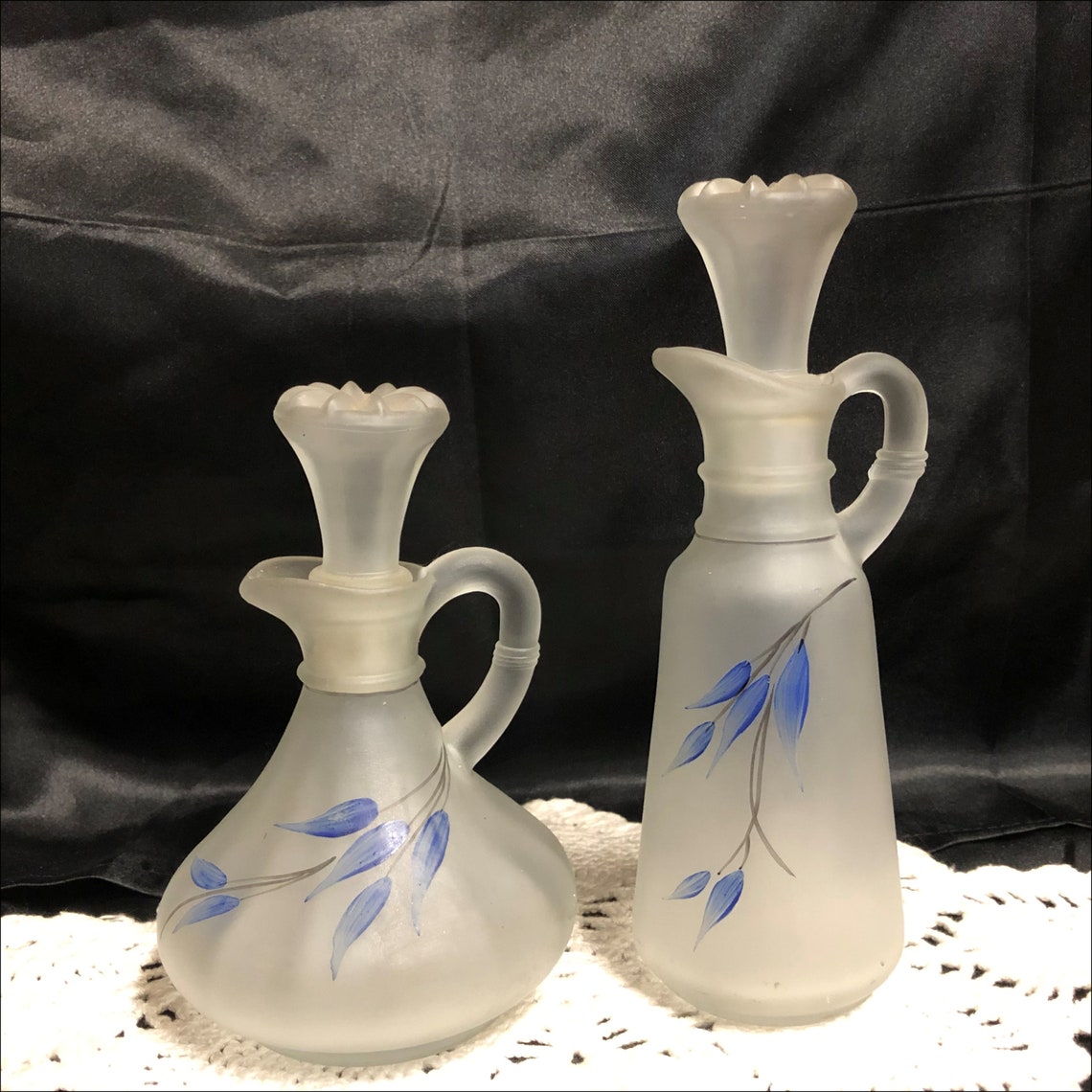 Vintage Cruets Frosted Glass With Stoppers Blue Leaves Oil Etsy