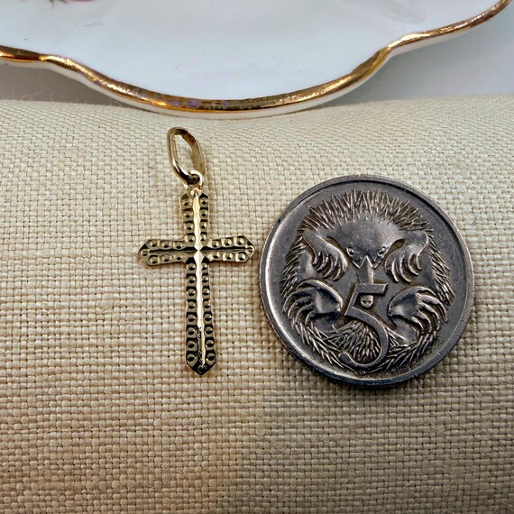 Tiny Solid 9ct Gold Cross • 1980s Studded Pendant… - image 7