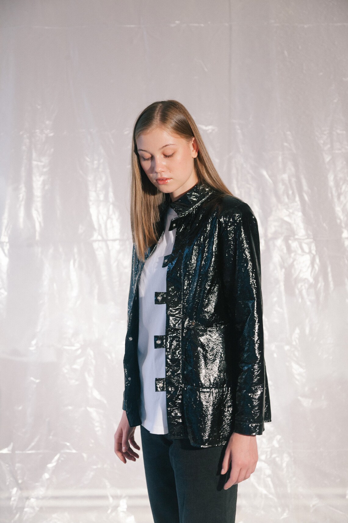 Black Plastic Jacket, Black Women Jacket, Lightweight Women Jacket