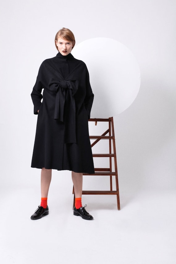 Black Bow Tie Coat, Front Bow Black Coat, Virgin Wool Bow Tie Coat  