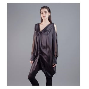 BLACK SILK SHIRTDRESS | Oversize Shirt Dress | Minimal Silk Dress | Silk Shirt Dress | Black Long Sleeve Oversize Women V Neck Shirtdress