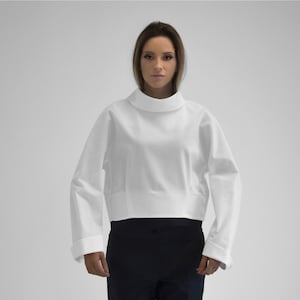 Women White Top, High Collar White Blouse, White Cotton Blouse, Long Sleeves White Top, White Cotton Top, Loose White Shirt, Volume Sleeves