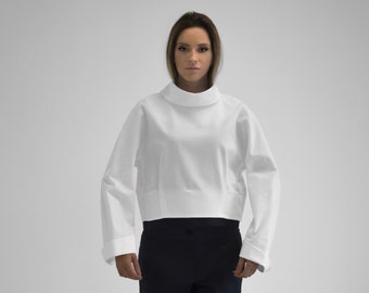 Women White Top, High Collar White Blouse, White Cotton Blouse, Long Sleeves White Top, White Cotton Top, Loose White Shirt, Volume Sleeves