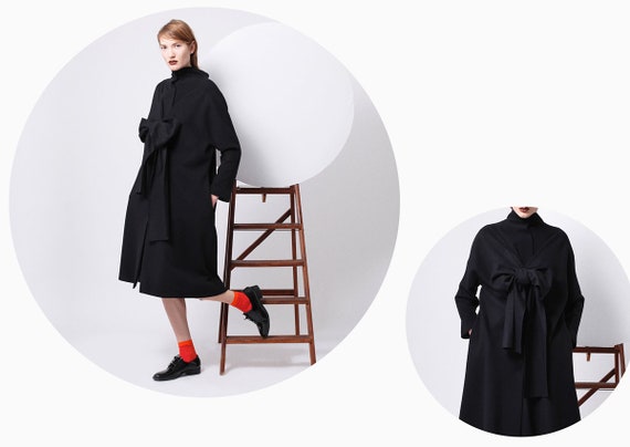 Black Bow Tie Coat, Front Bow Black Coat, Virgin Wool Bow Tie Coat  