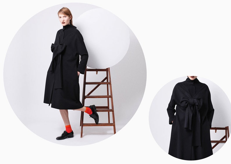 Women Wool Trench Coat Women Wool Coat Bow Tie Coat Front Bow Black Coat Black Wool Trench Black Bow Tie Coat Virgin Wool Bow Tie Coat