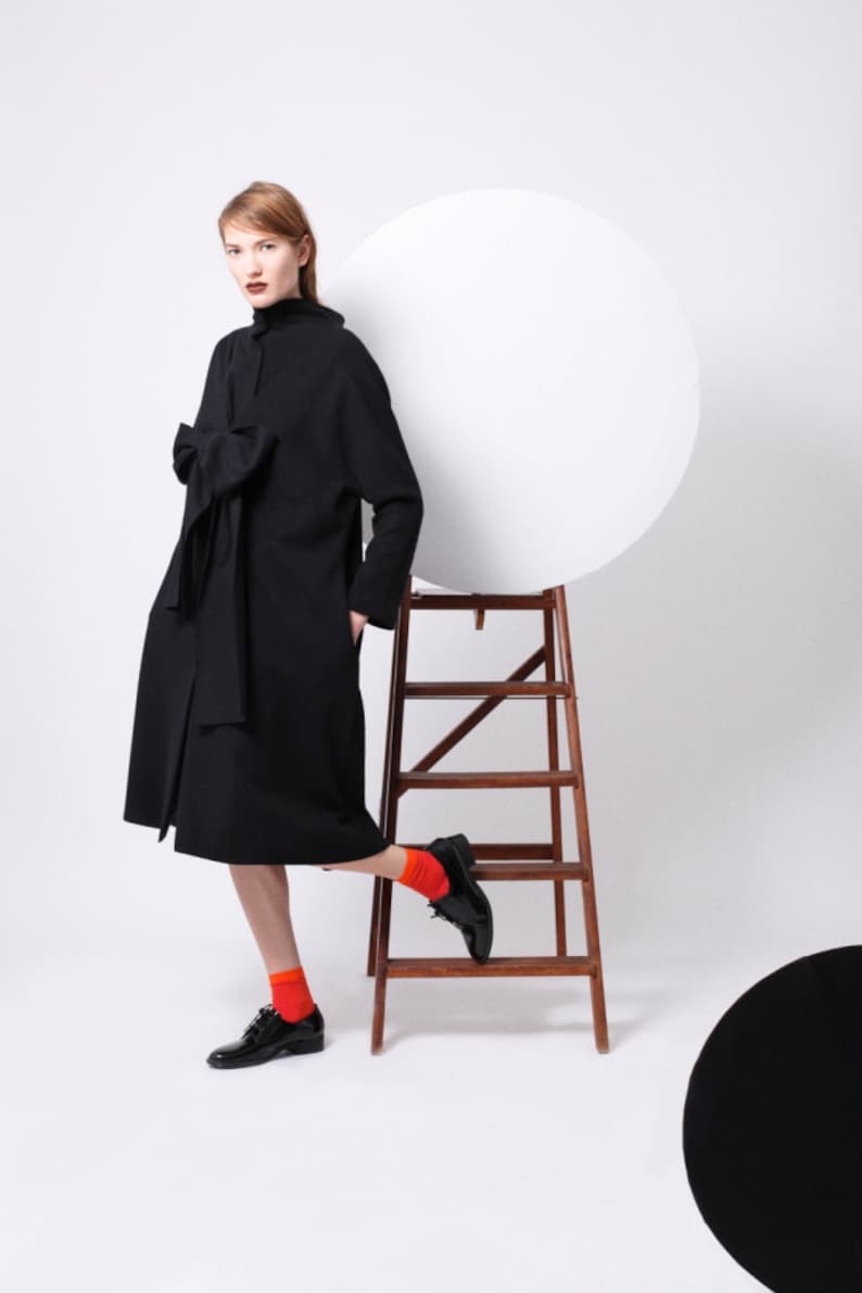 Women Wool Trench Coat Women Wool Coat Bow Tie Coat Front Bow Black Coat Black Wool Trench Black Bow Tie Coat Virgin Wool Bow Tie Coat