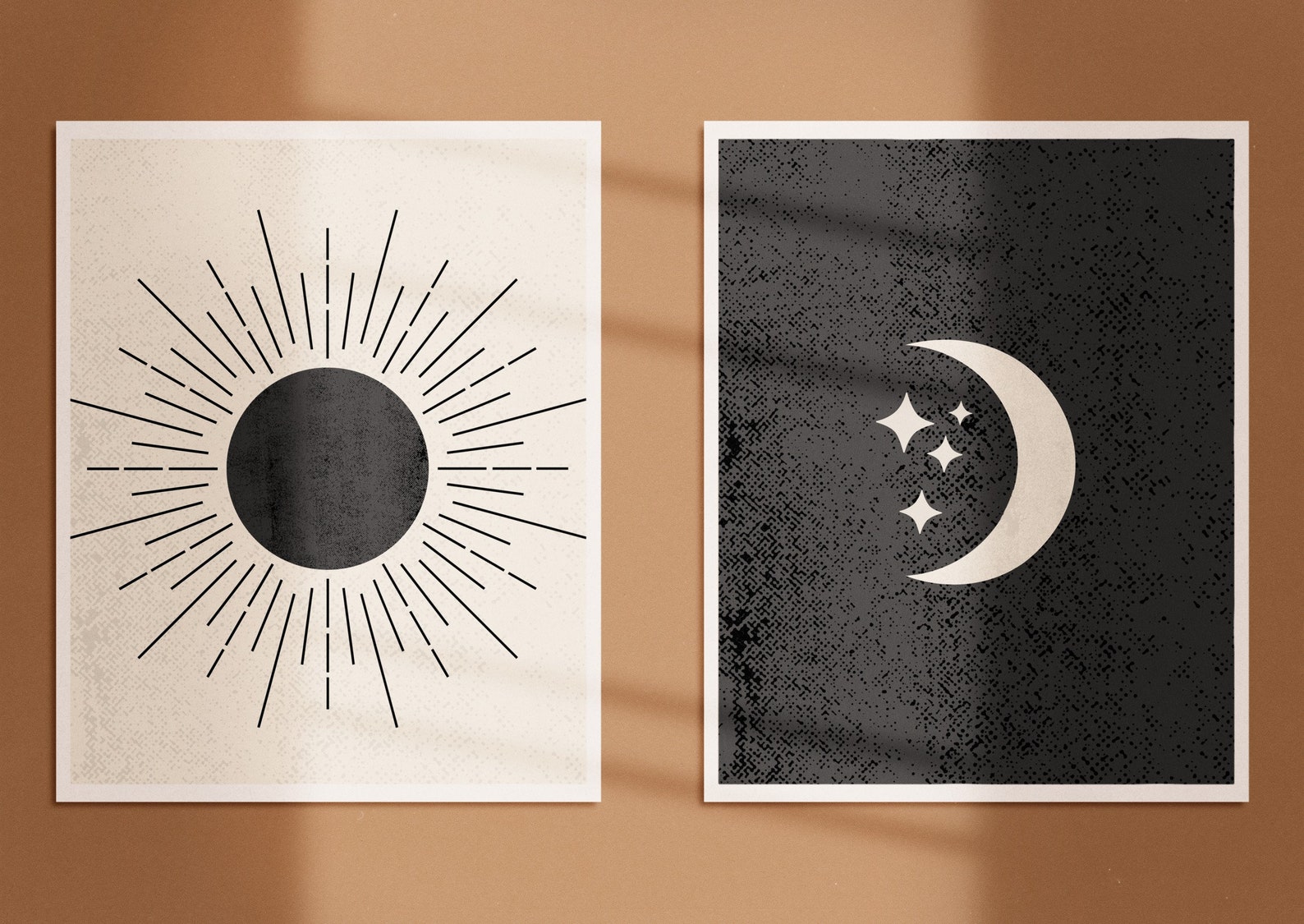 Sun And Moon Art Set Of 2 Prints Mid Century Sun And Moon Etsy
