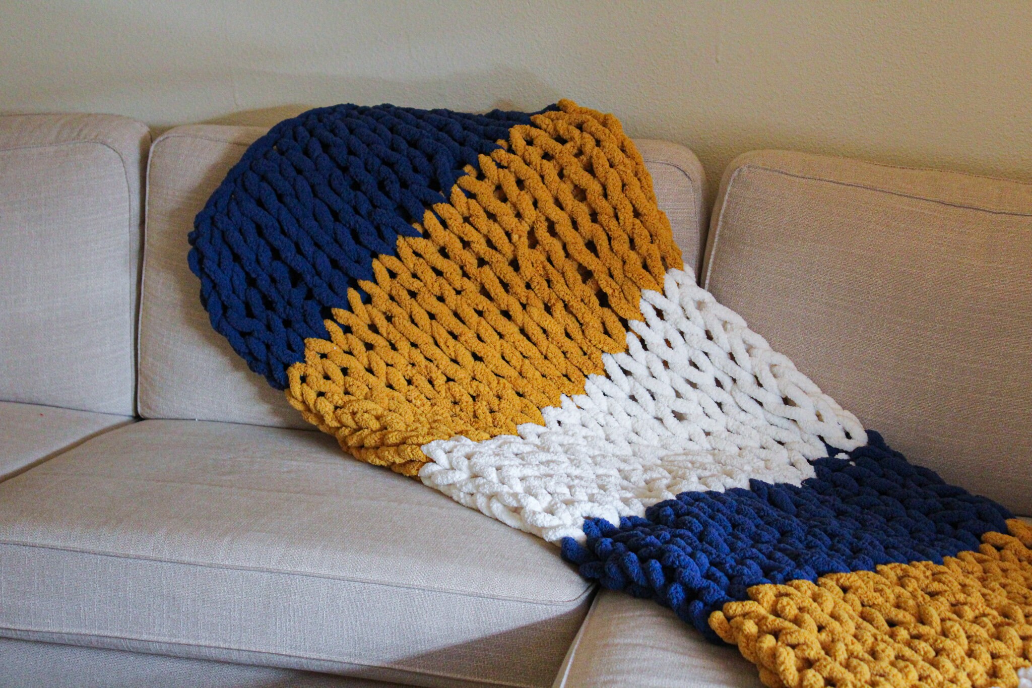 Navy Yellow White Chunky Blanket Etsy