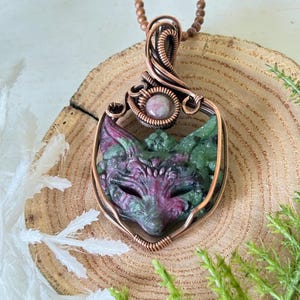 Ruby in Zoite Fox Necklace, Carved Crystal Pendant, Wire Wrapped jewelry, Mardi Gras Nights