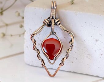 Carnelian Crystal Necklace, Copper Wire Wrapped Pendant, Nature Inspired Jewelry, Halo All Around