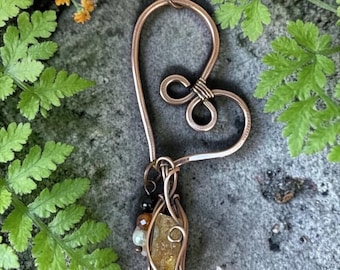 Collar de miel cruda, calcita, turmalina y perlas, colgante envuelto en alambre de cobre, joyería estilo boho, luz de amor