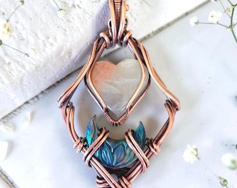 Sunstone, Aurora Opal Necklace, Wire Wrapped Copper Pendant, Heart,Moon Crystal Jewelry, Moon Lover