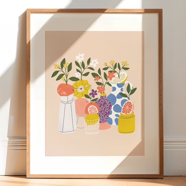 Illustrationsplakat Früchte und Vasen | Stillleben Wandkunst | 8x10 Druck | Quadratische Wanddekoration | Buntes Poster | Getrocknete Blume