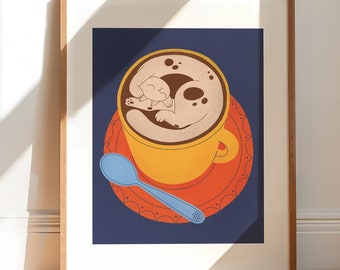 Latte Art Cat Wall Art Print |8x10 | Digital Illustration | Coffee lover gift | Unique gift for cat lover | Home decor | Gallery wall art