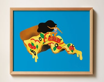 Pizza Surf geïllustreerde kunstprint | Kunst aan de muur | 8x10 afdrukken | Keukendecoratie | Galerie voor kunst aan de muur | Voedsel illustratie