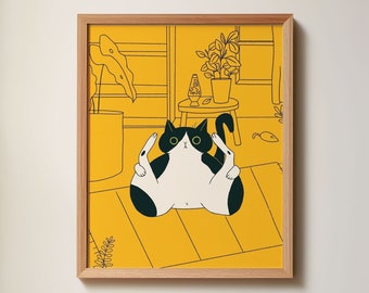 Yoga Cat Art Print | Digital Illustration | 8x8 print | Unique gift for cat lover | Home decor | Gallery wall art | Funny animal art print