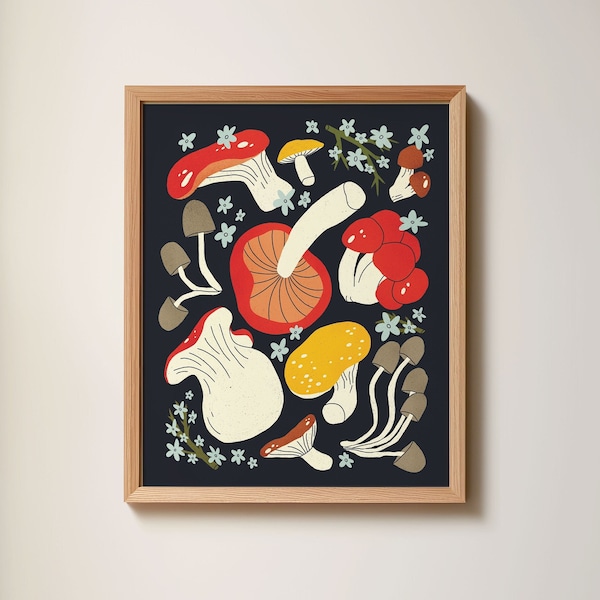 Affiche illustration Champignons nature | Impression numérique 8x10 | Art mural nourriture | Décoration murale cuisine | Impression Vintage