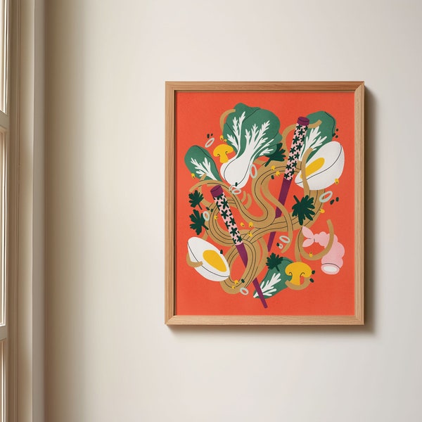 Impression d’art illustrée Nouilles Ramen | Décoration murale cuisine | Art mural coloré nourriture | Impression 8x10 | Affiche Ramen