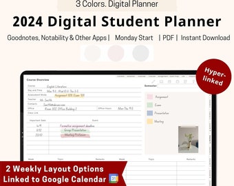 2024 Digital Student Planner, College Academic Planner links to Google Calendar, Monthly Weekly Daily Study Planner Goodnotes Template PDF