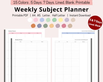 Undated Weekly Planner Printable Subject Planner Teacher Planner Homeschool Planner Student Planner Plan A4 Letter A5 Half size PDF Download