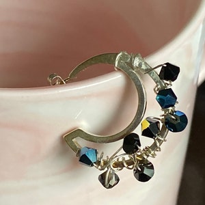 Sterling Silver and Crystal Crescent Moon Hoop Earrings