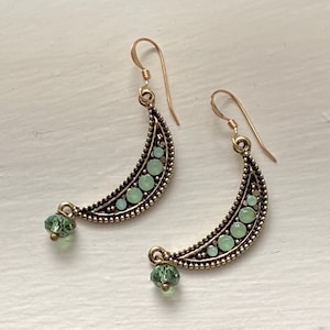Embellished Green Opal and Crystal Crescent Earrings