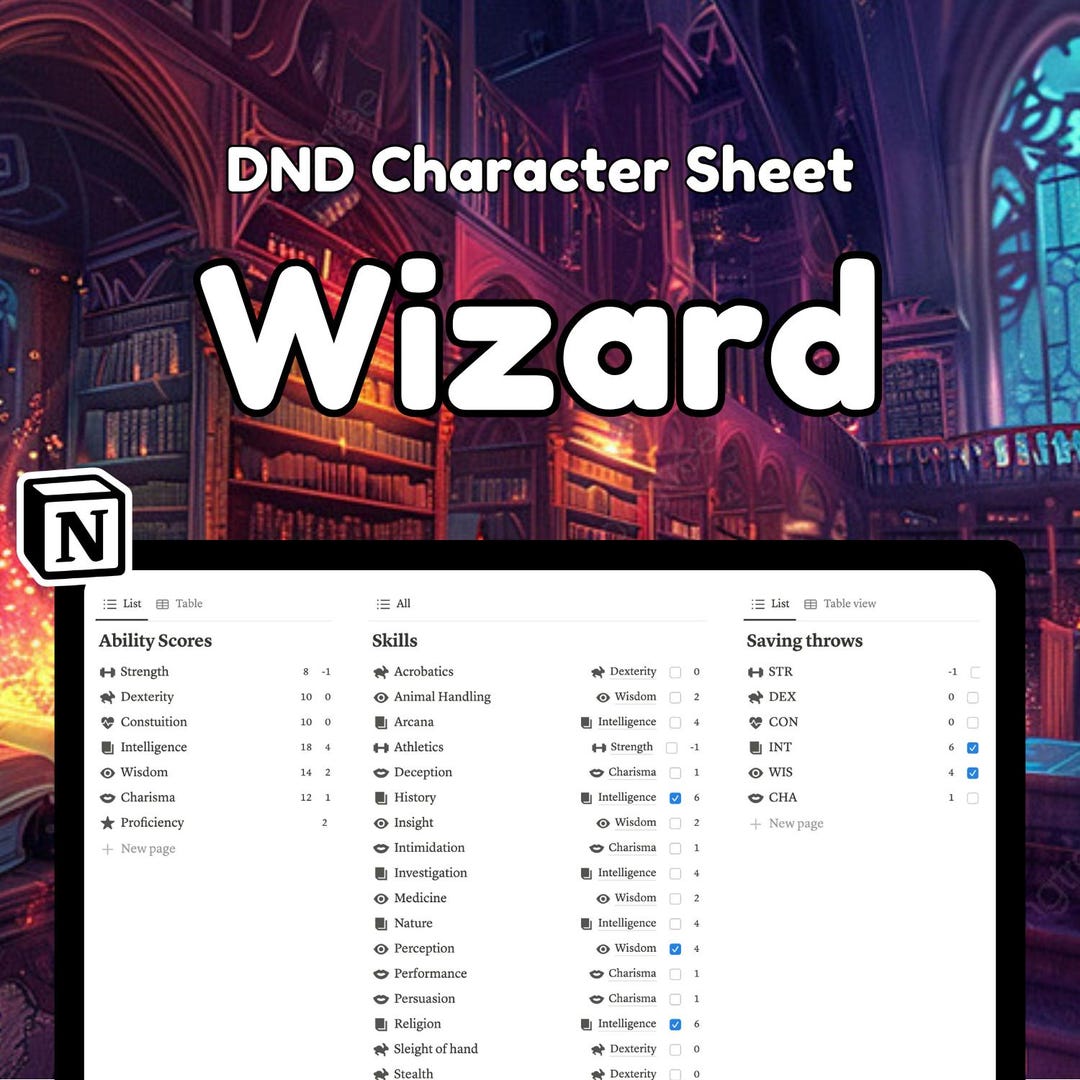 D&D 5e Wizard Class Notion Template Character Sheet Dungeons and