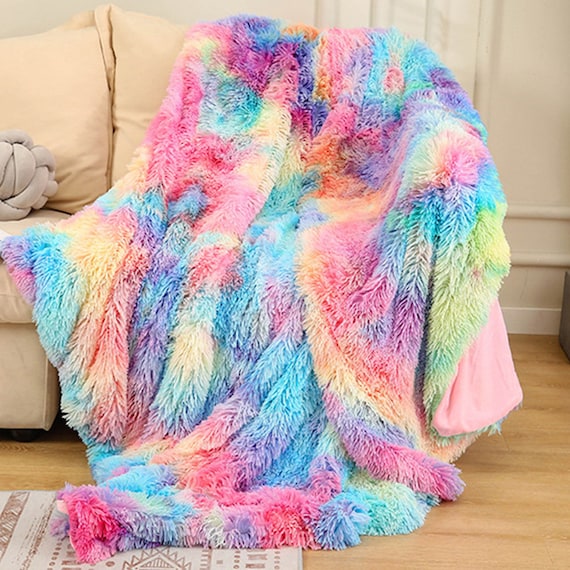 Plush Faux Fur Blanket Tie Dye Blanket Macaroon Quilt Winter Rainbow Throw  Blanket Fake Fur Rug Designer Fuzzy Blanket Bedroom Home Gifts T9 