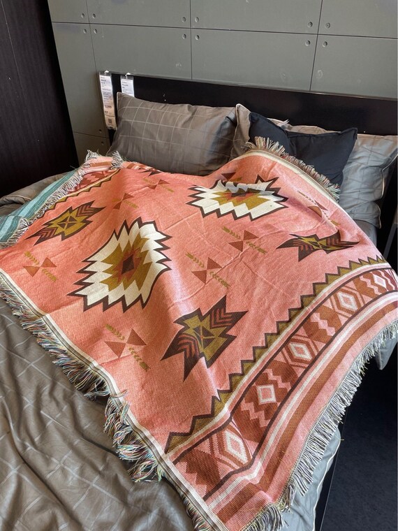 Boho Geometric Woven Blanket Pink Throw Blanket Double sided