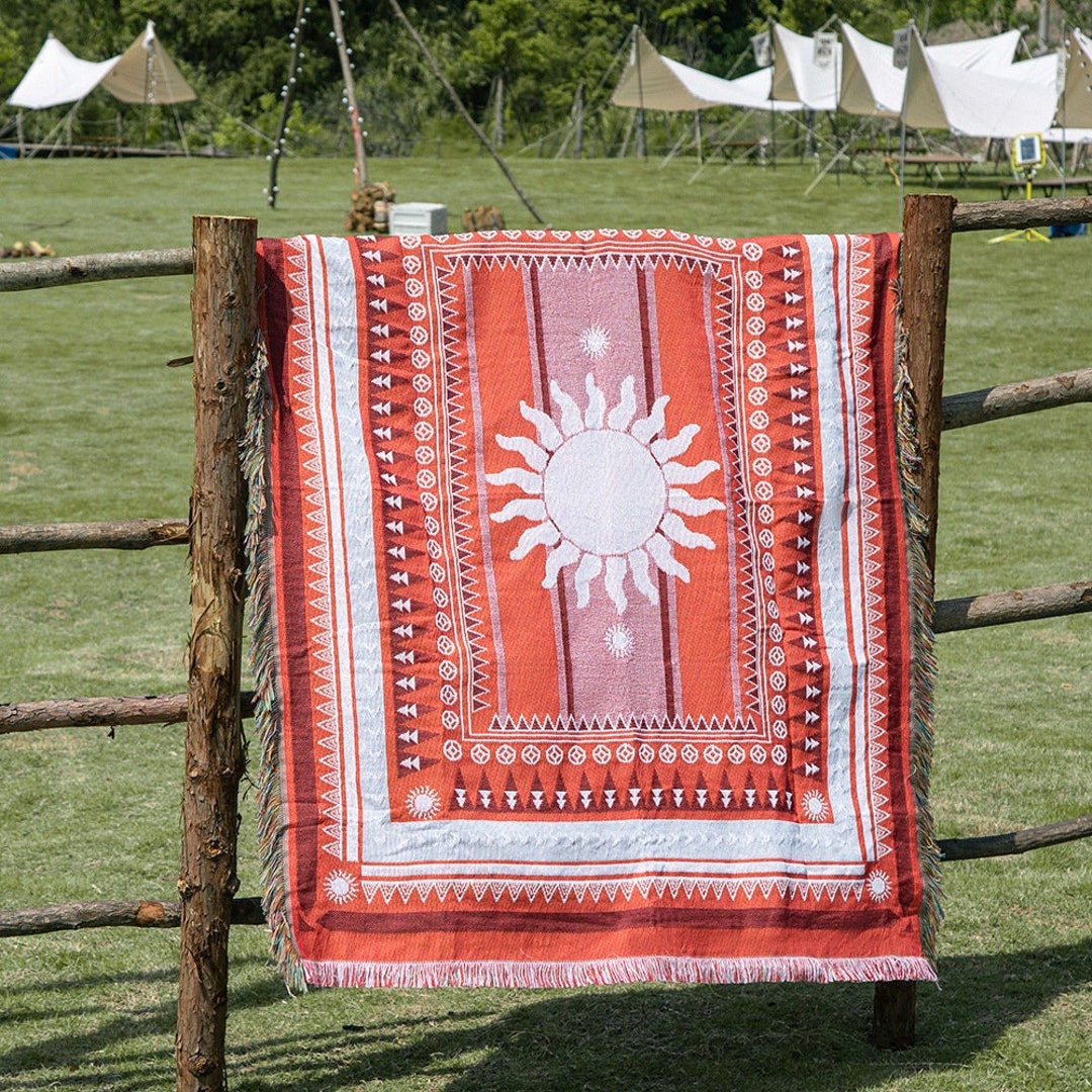 Boho Sun Woven Throw Blanket Orange Doublesided Reversible Etsy