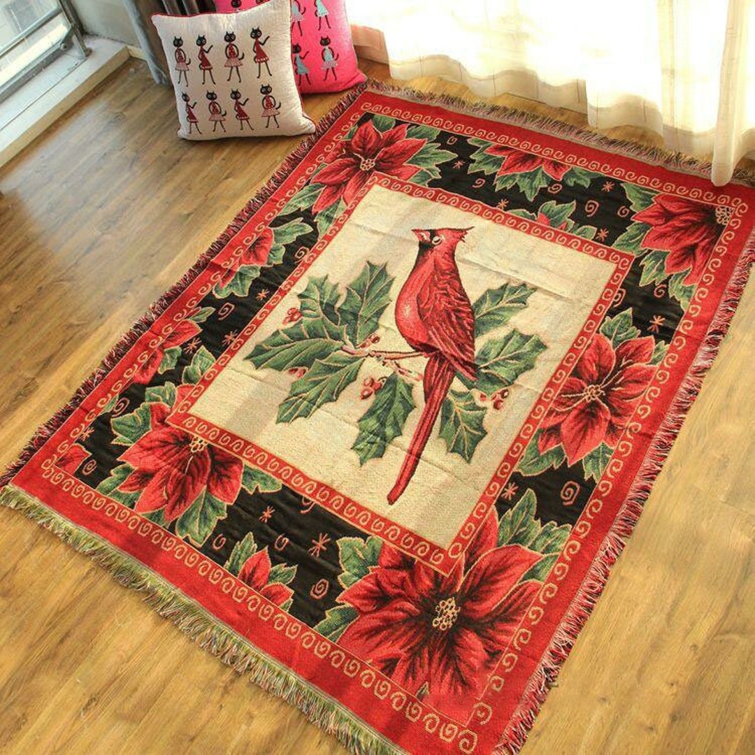 Red Bird Blanket Vintage Flower Woven Blanket Chunky Knitted Fringed