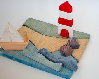 Ocean and Boat Toy | Wooden Toys | Open Ended Play | Easter | Basket Stuffers | Waves and Lighthouse | Stacking Toys |