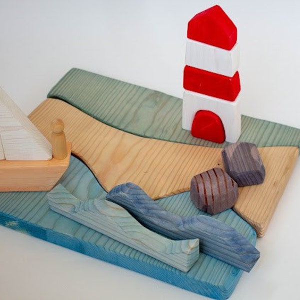 Ocean and Boat Toy | Wooden Toys | Open Ended Play | Easter | Basket Stuffers | Waves and Lighthouse | Stacking Toys |